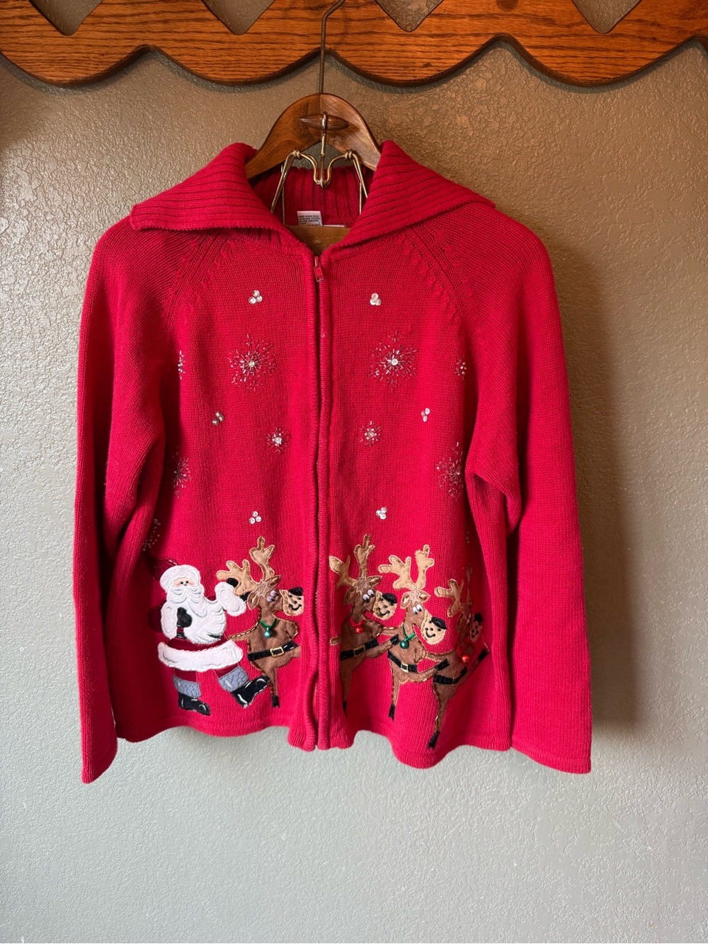 Women's Red Holiday Zip-Front Cardigan Sweater with Santa & Reindeer